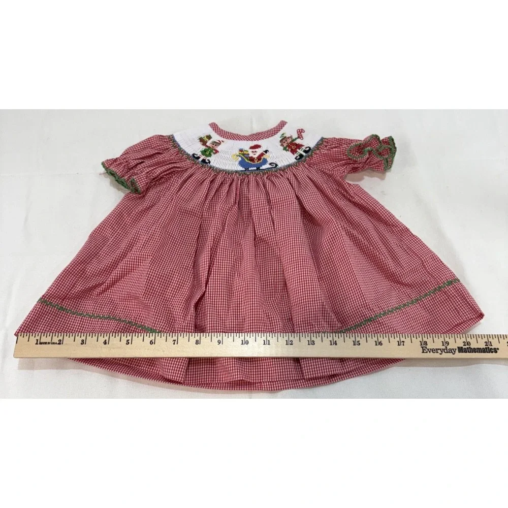 Southern Smocked Holiday Christmas Red/White Dress Santa & Elves Size 6 Months